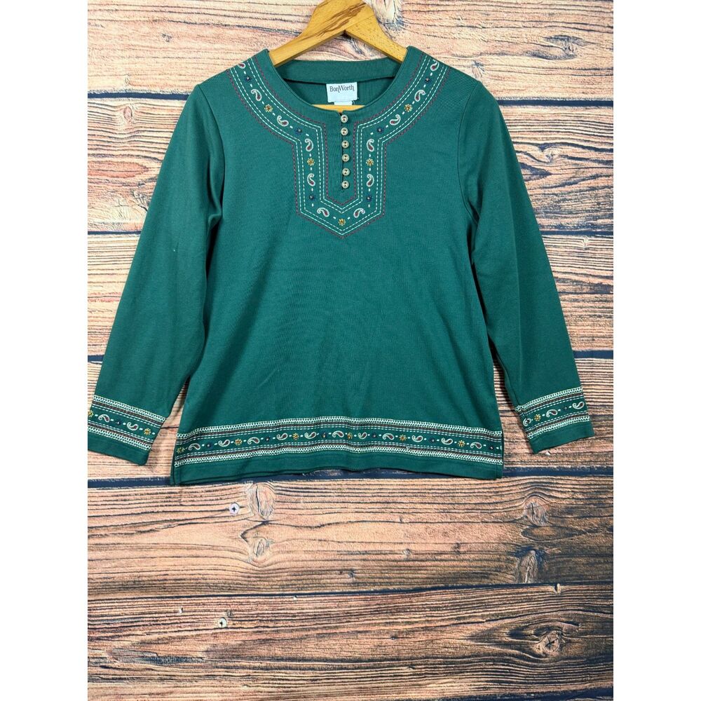 BonWorth Women's Small Petite Green Embroidered Paisley Henley Top SP 4691
